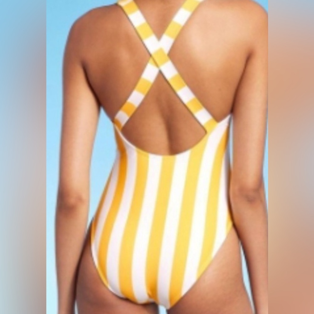 Shade & Shore Yellow and White Striped One Piece Swimsuit Cross Back Large NWOT - Picture 5 of 7